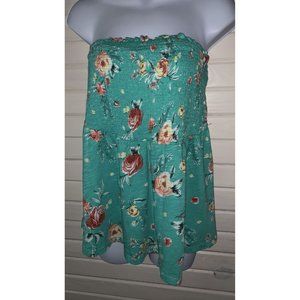 NWT Torrid Sz 00 M/L 10 Floral Slub Jersey Strapless Babydoll Top Turquoise
